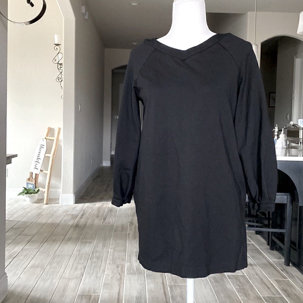 Zara Trafaluc Jet Black Tunic Mini Dress V Neck Pockets Long Sleeves S Viscose